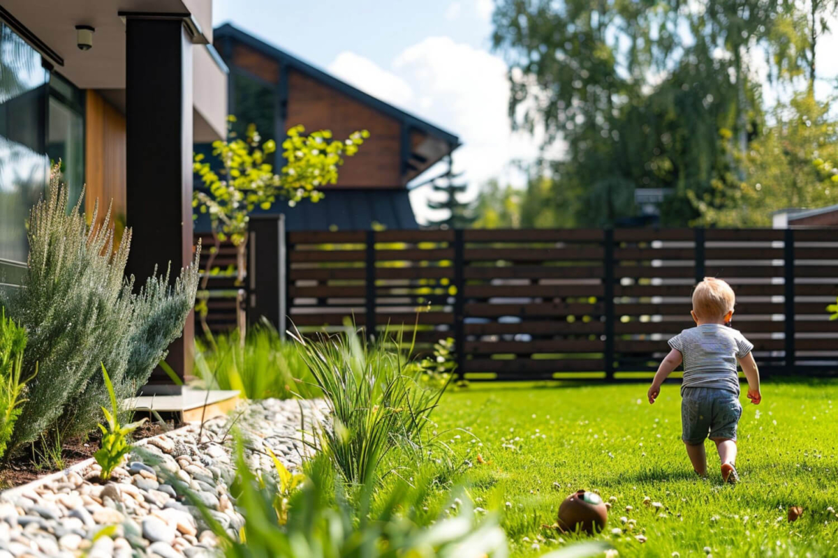 chłopczyk biegający po ogrodzie