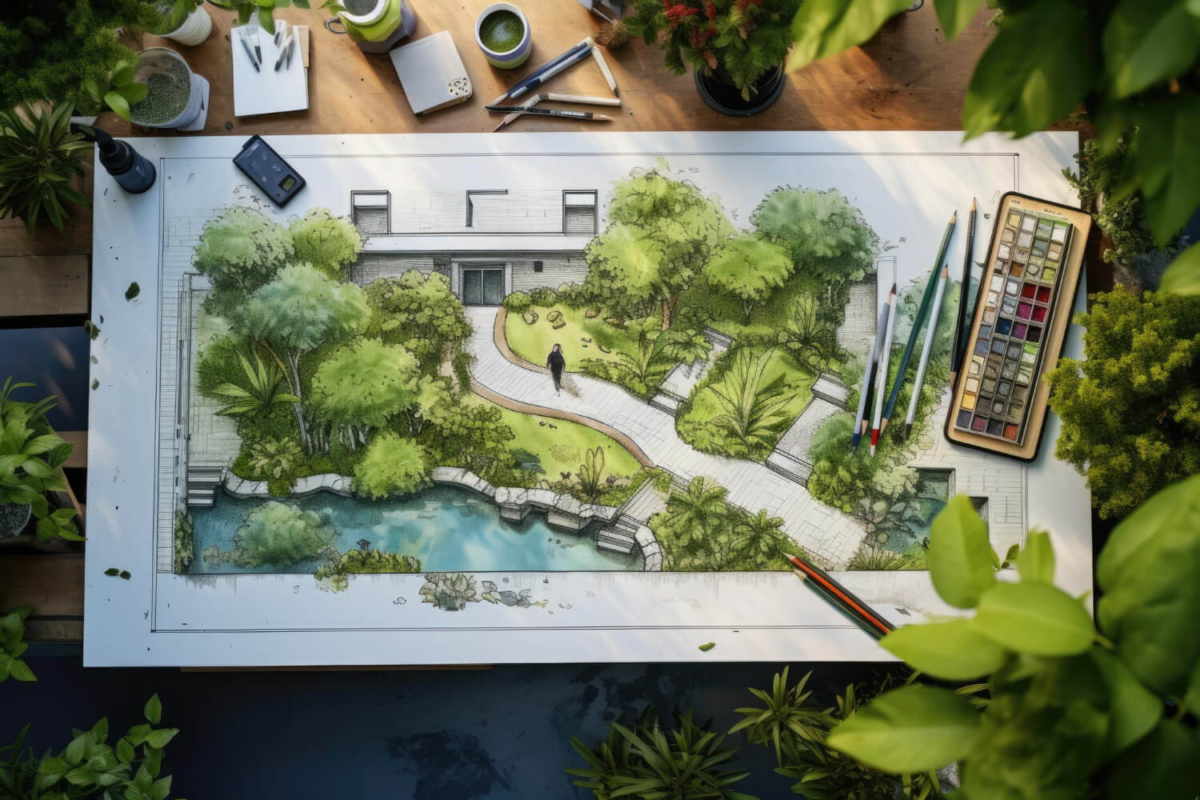 szkic ogrodu podzielonego na strefy