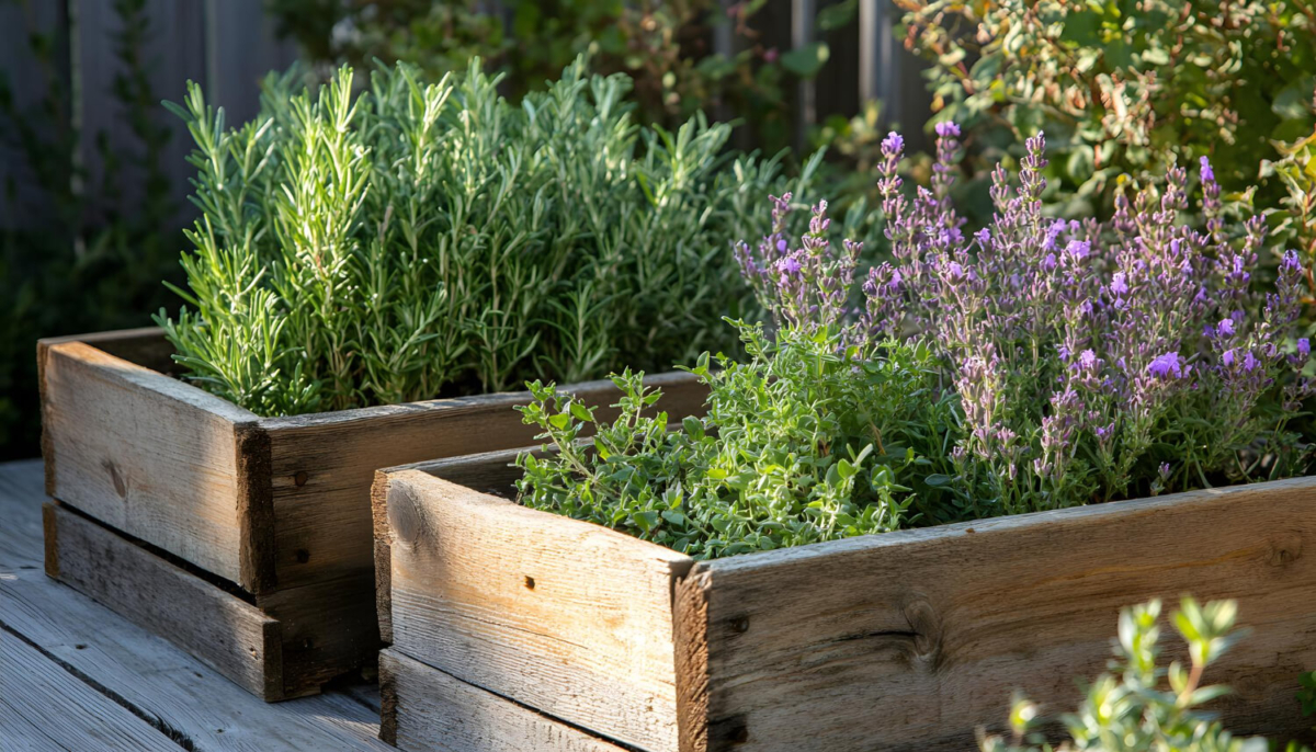 lawenda w drewnianych skrzyniach